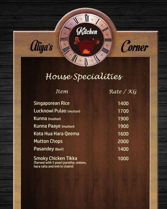 Aliya's Kitchen Corner menu