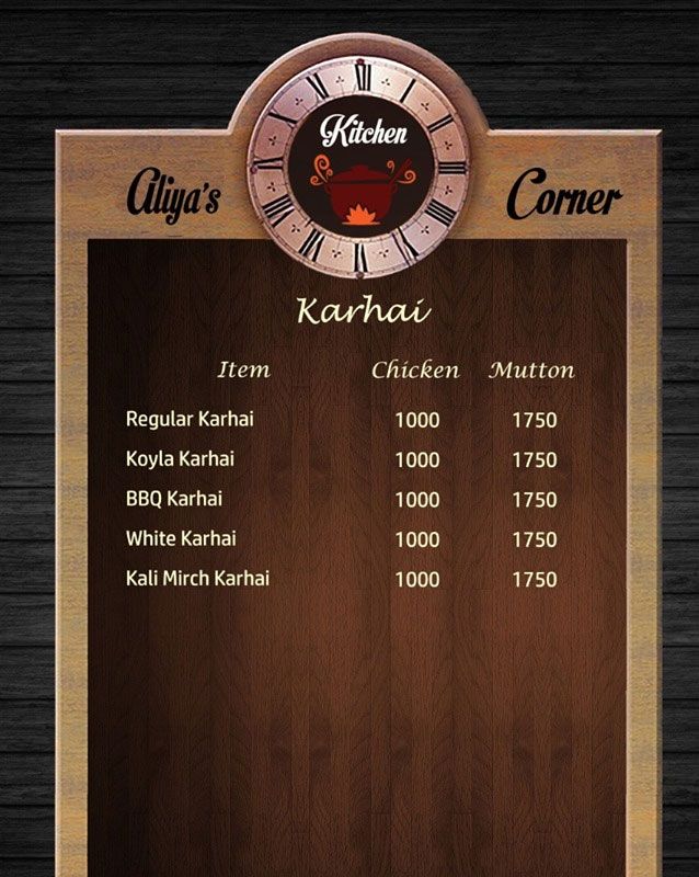 Aliya's Kitchen Corner menu