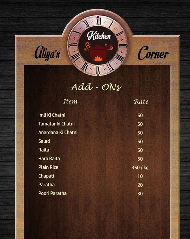 Aliya's Kitchen Corner menu
