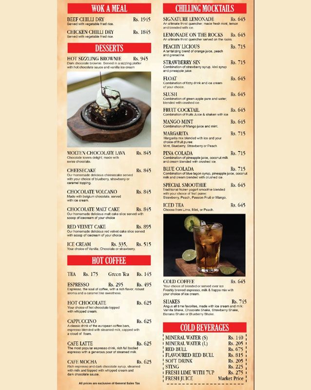 Angus Steakhouse menu