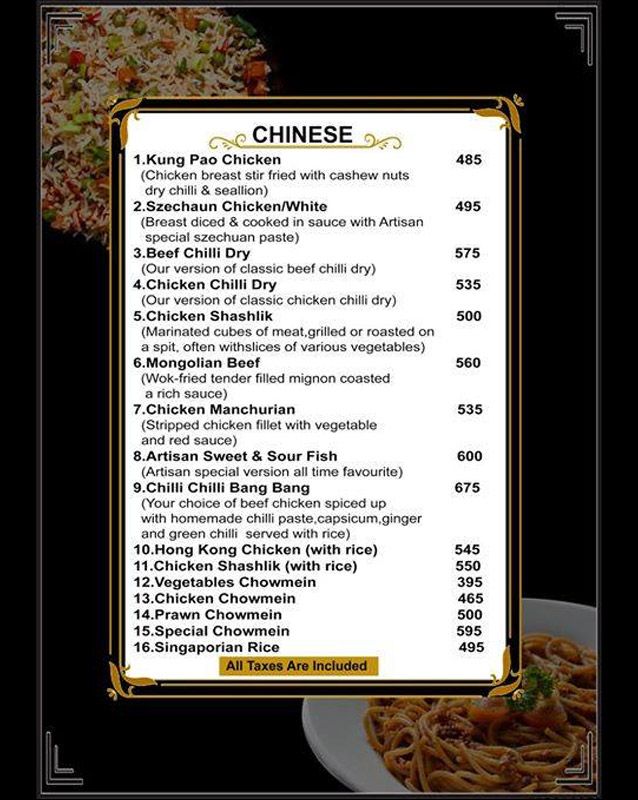 Artisan Bistro menu