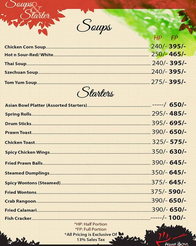 Asian Bowl menu