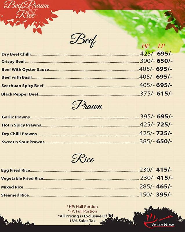 Asian Bowl menu