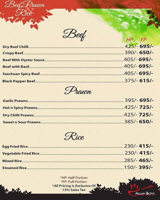 Asian Bowl menu