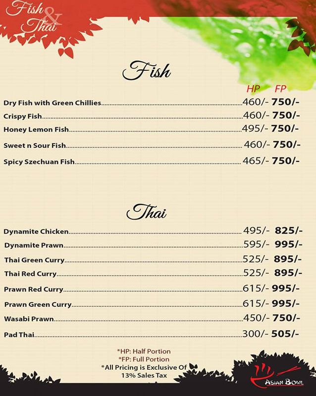 Asian Bowl menu