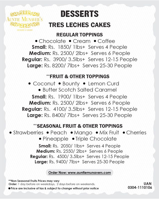 Auntie Munaver's Food & Dessert menu