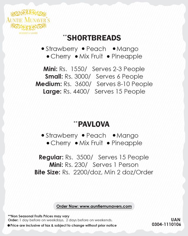 Auntie Munaver's Food & Dessert menu