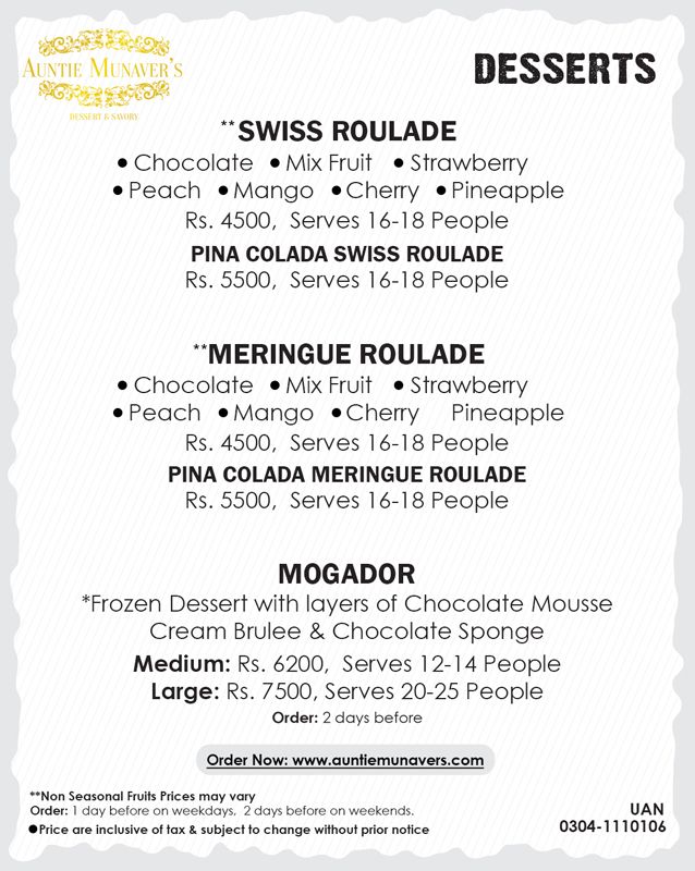 Auntie Munaver's Food & Dessert menu