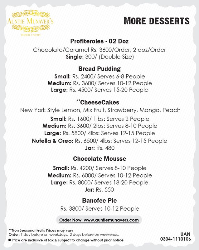 Auntie Munaver's Food & Dessert menu