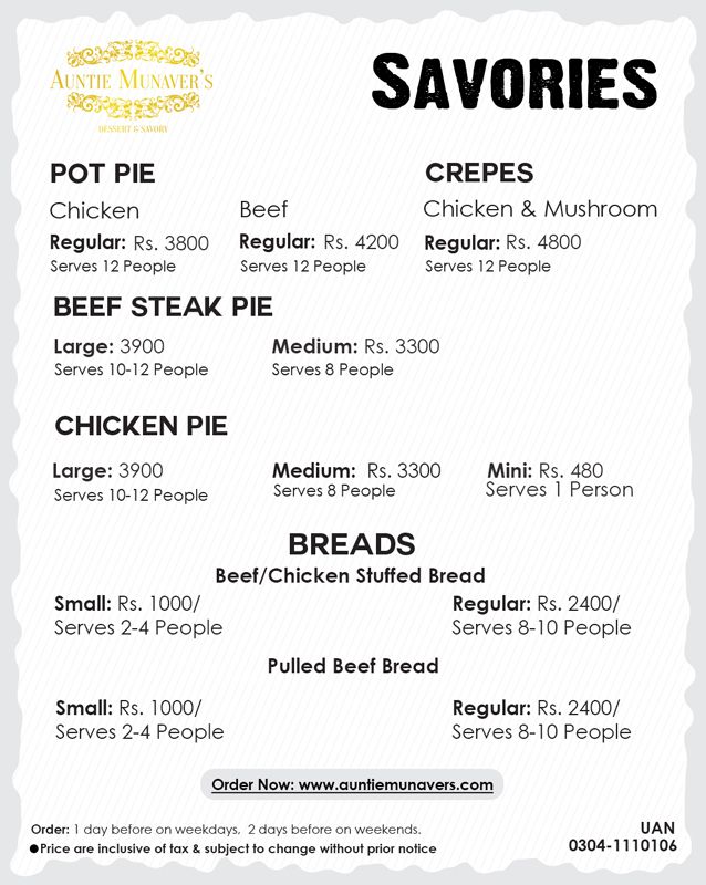 Auntie Munaver's Food & Dessert menu