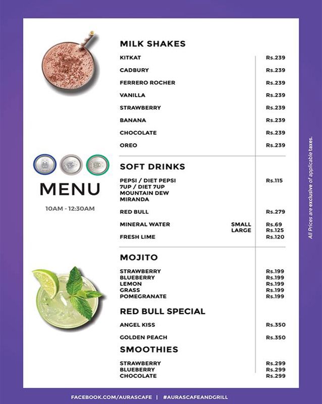Aura's Cafe and Grill menu