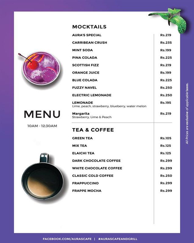 Aura's Cafe and Grill menu