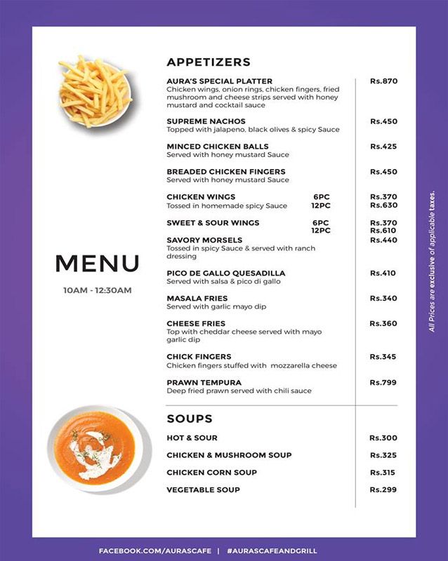 Aura's Cafe and Grill menu
