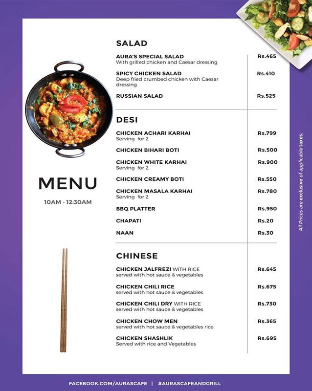 Aura's Cafe and Grill menu