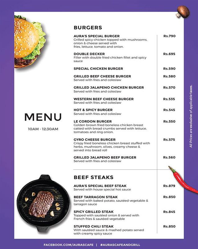 Aura's Cafe and Grill menu