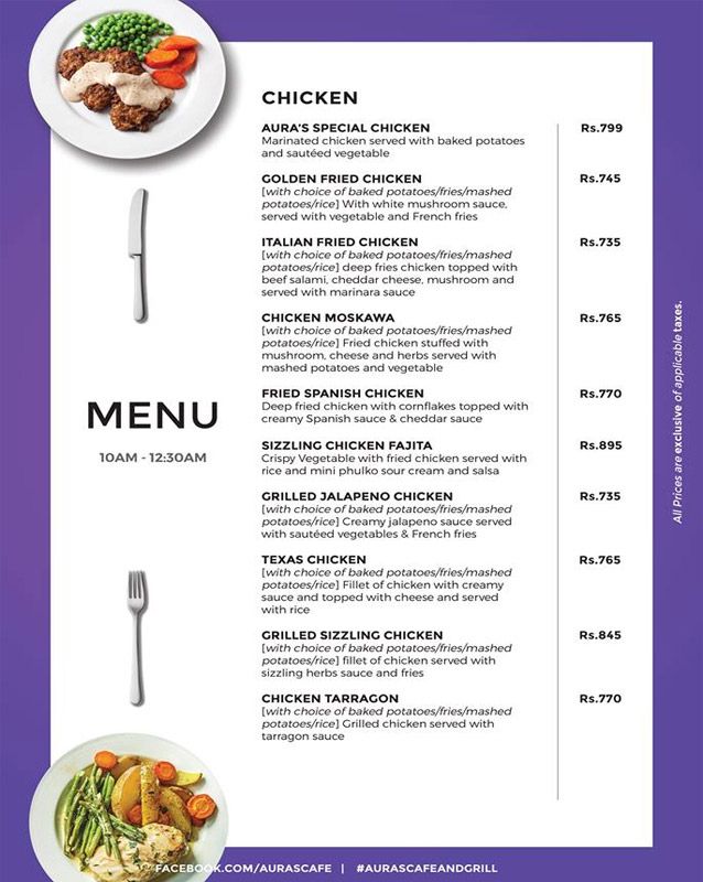 Aura's Cafe and Grill menu