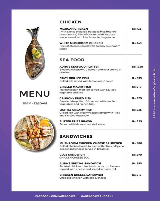 Aura's Cafe and Grill menu