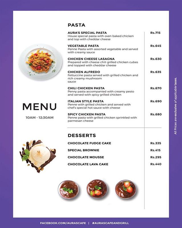 Aura's Cafe and Grill menu