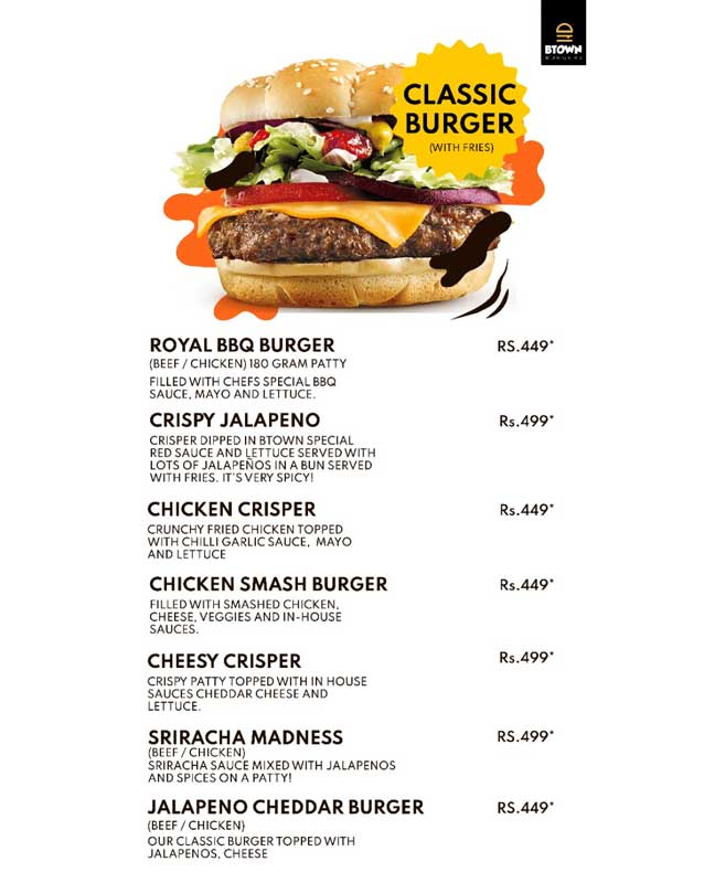 B Town Burgers menu