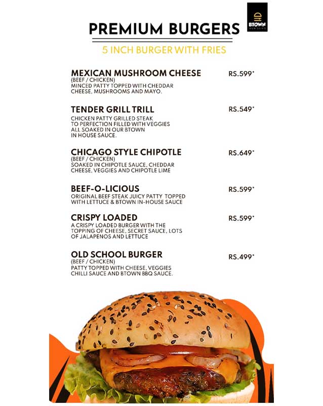 B Town Burgers menu