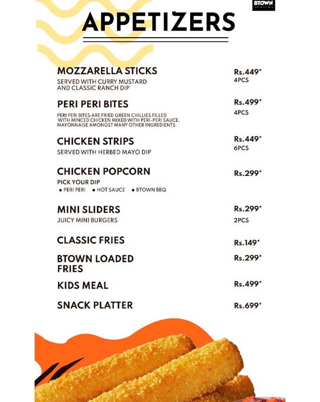 B Town Burgers menu