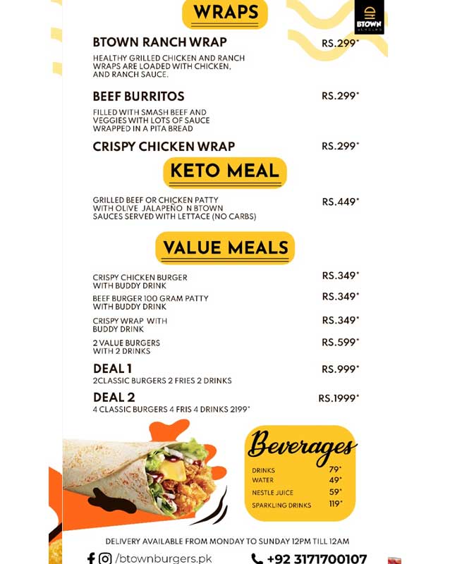 B Town Burgers menu
