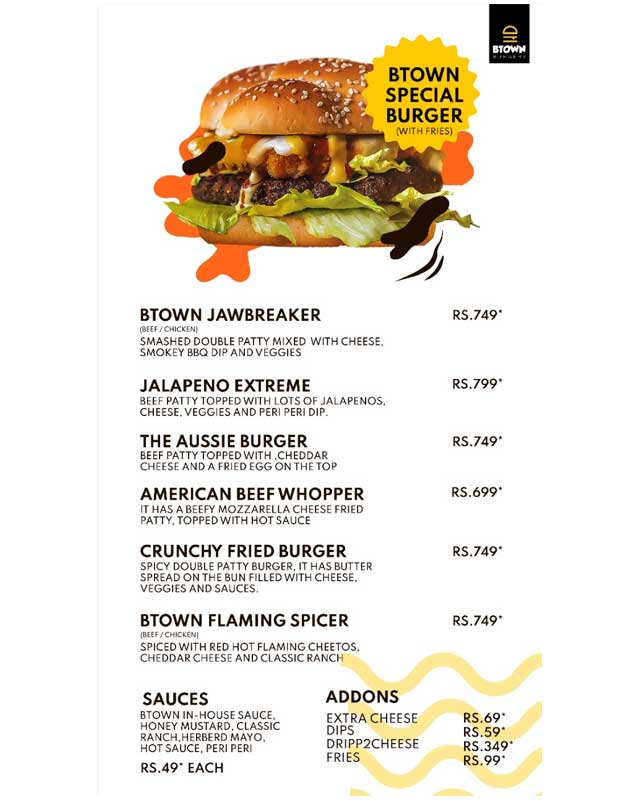B Town Burgers menu