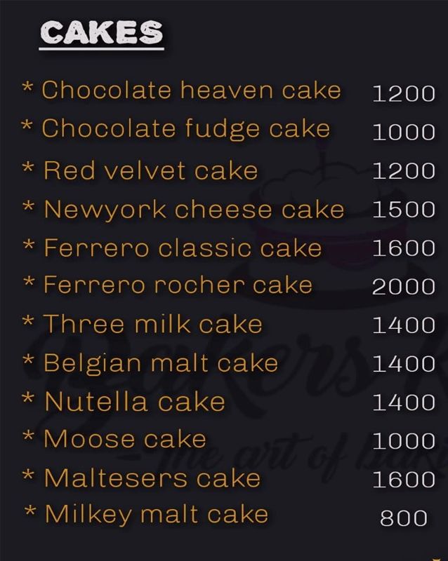 Bakers King menu