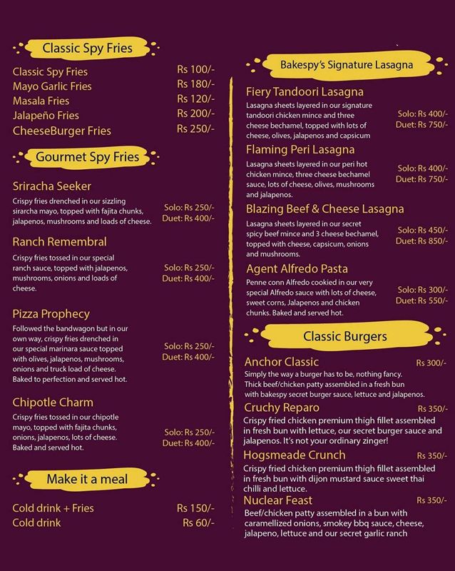 BakeSpy Express menu