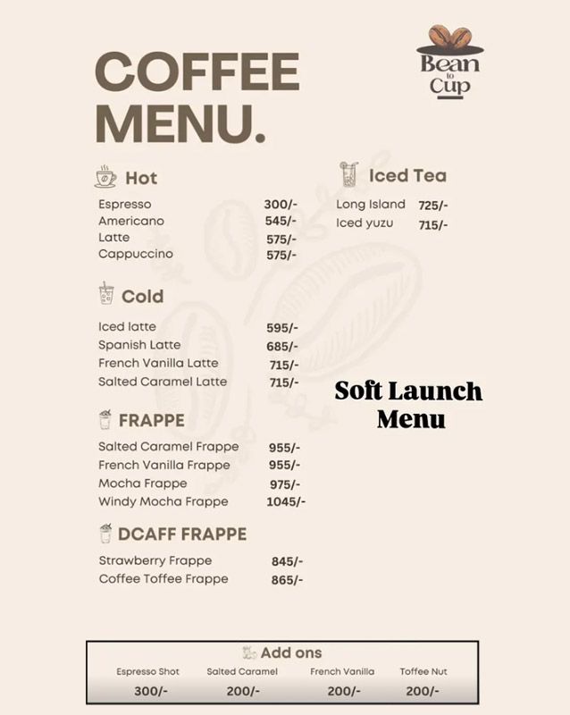 Bean To Cup menu