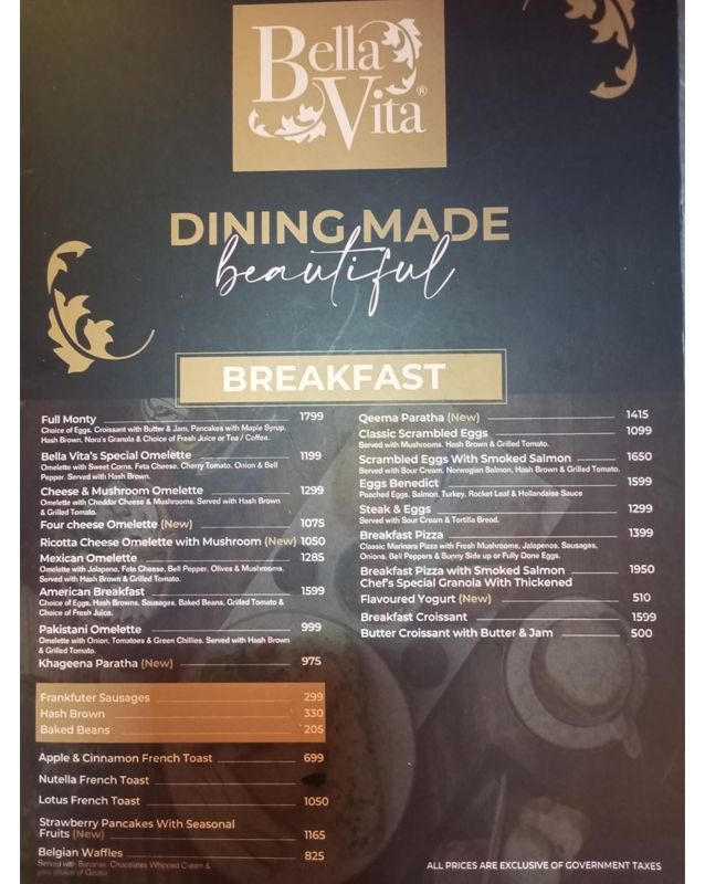 Bella Vita menu