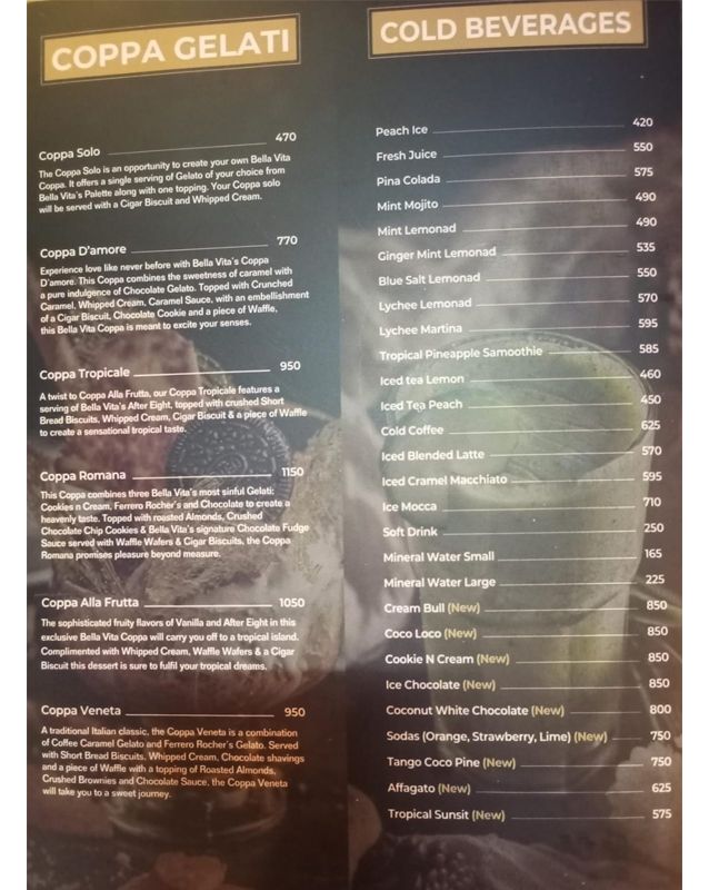 Bella Vita menu