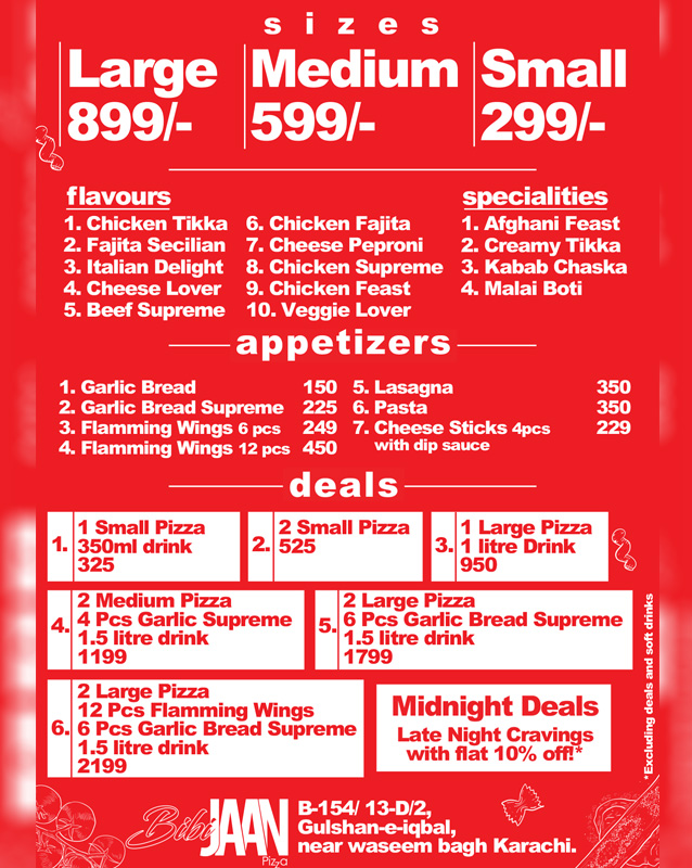 Bibijaan Pizza menu