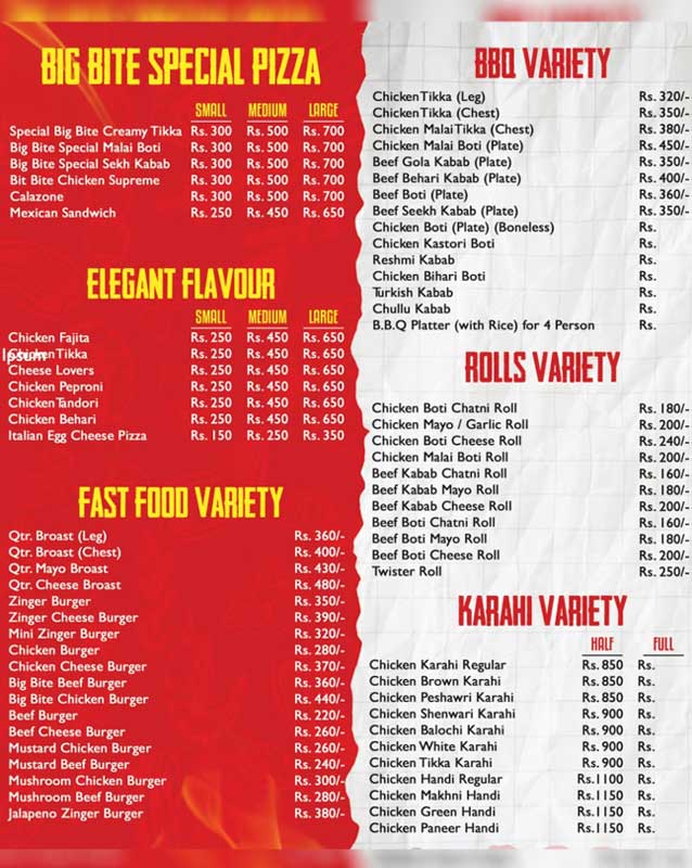 Big Bite Restaurant menu