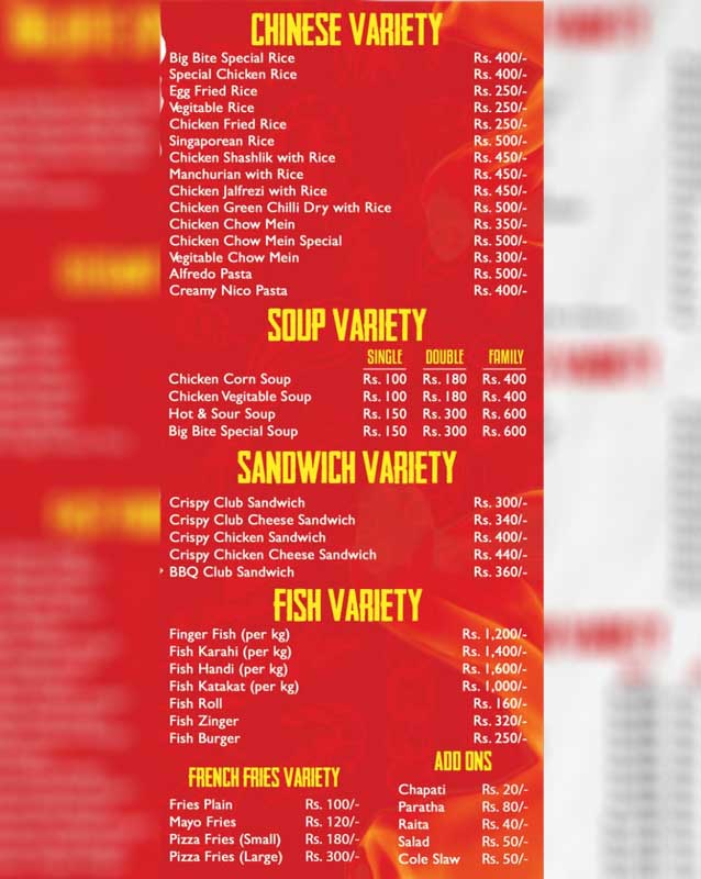 Big Bite Restaurant menu