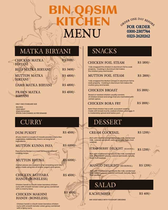 Bin Qasim Kitchen menu