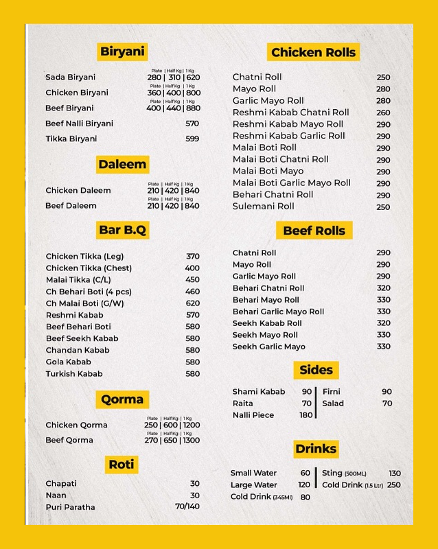 Bismillah Biryani menu