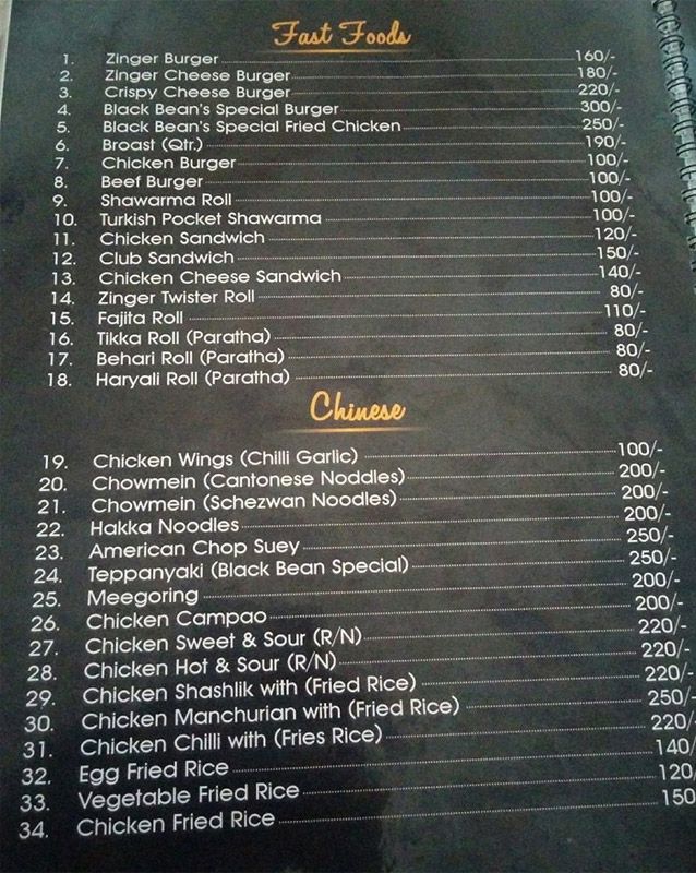 Black Bean menu
