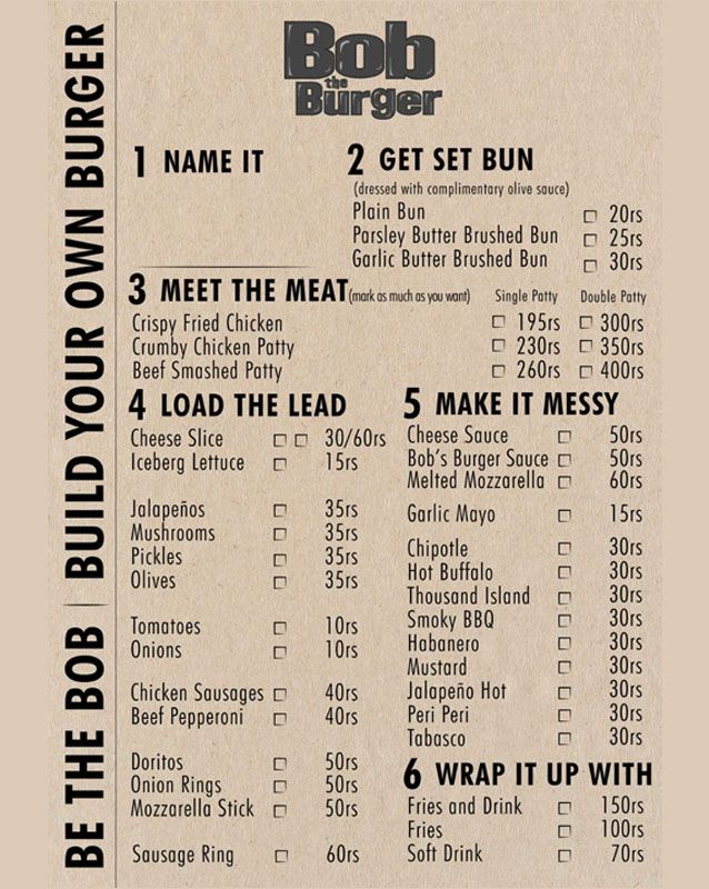 Bob The Burger menu