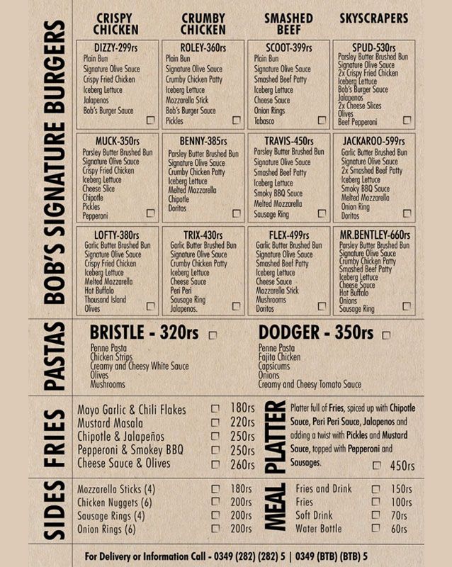 Bob The Burger menu
