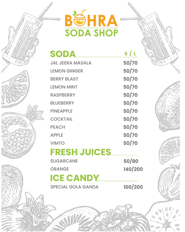 Bohra Soda Shop menu