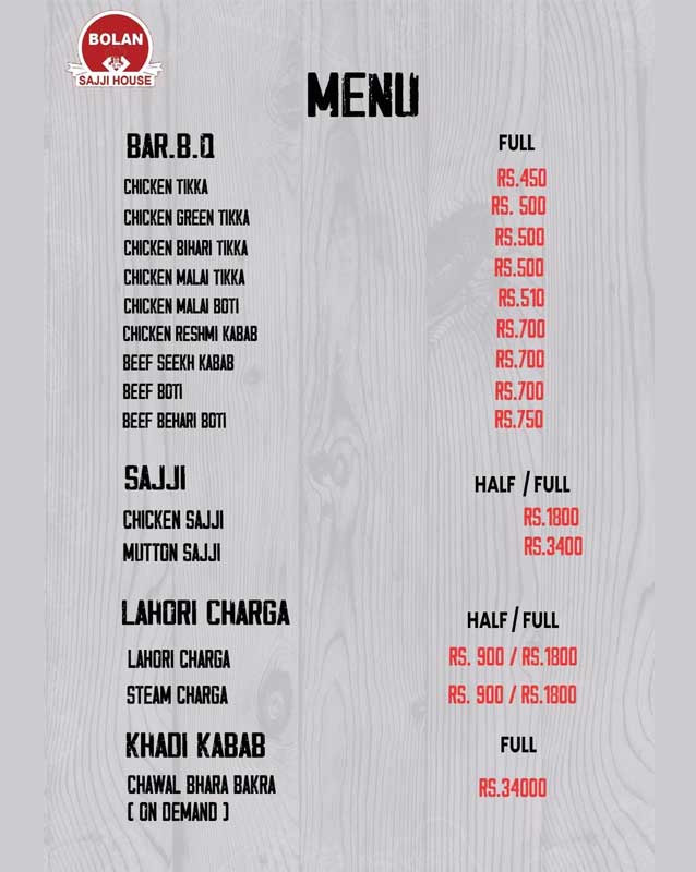 Bolan Sajji House menu