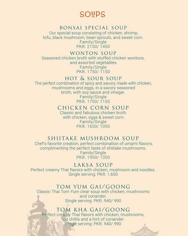 Bonsai Pan Asian Kitchen menu
