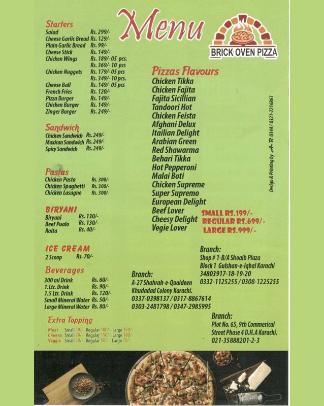 Brick Oven Pizza menu