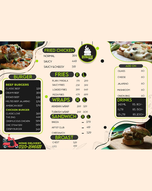 Burger Artist menu