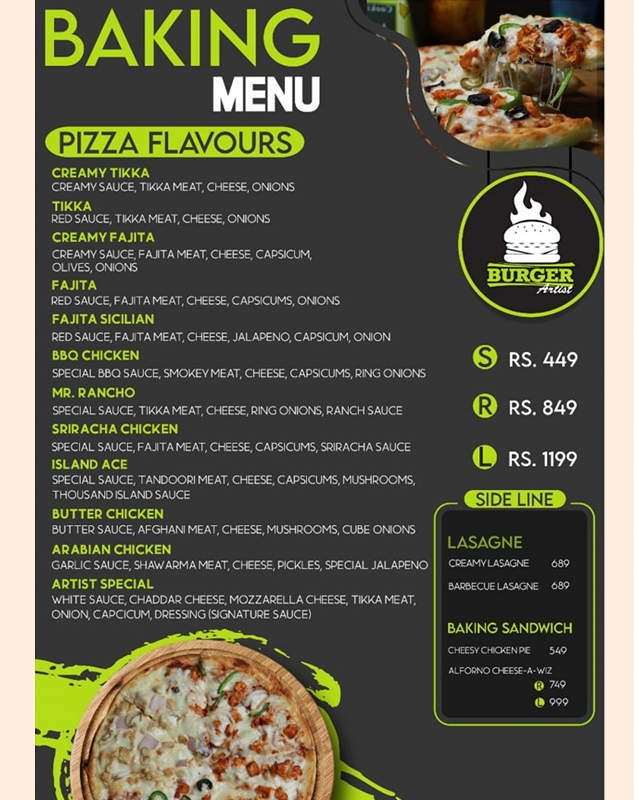 Burger Artist menu