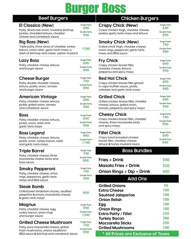 Burger Boss menu