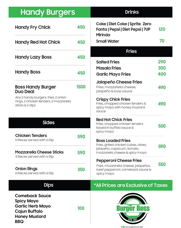 Burger Boss menu