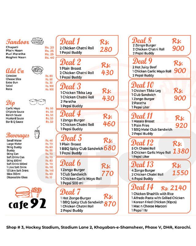 Cafe 92 menu
