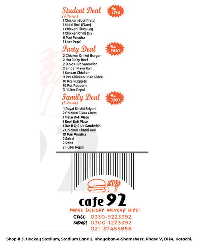 Cafe 92 menu